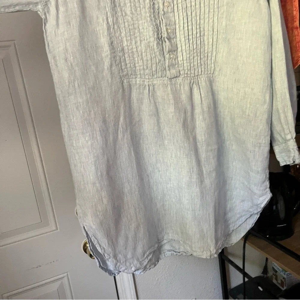 PINE CONE HILL blue striped linen popover long sleeve pleated pintuck mini dress